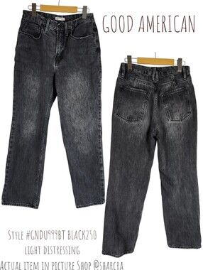 Good American Women's Relaxed Straight Leg Denim Jeans BLACK250 Distressed 4 27